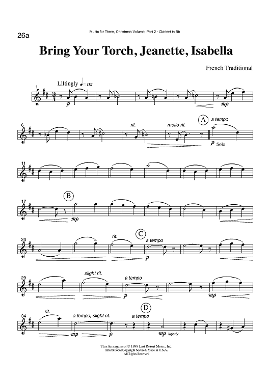 Bring Your Torch, Jeanette, Isabella - Part 2 Clarinet in Bb