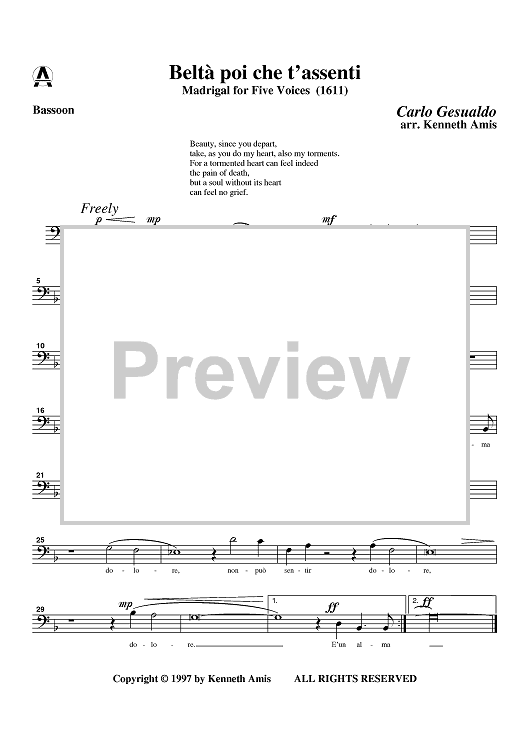 Belta poi che t'assenti - Bassoon