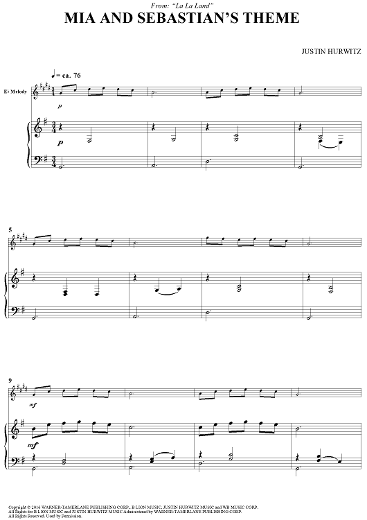 Mia and Sebastian's Theme - from La La Land - Eb Instruments