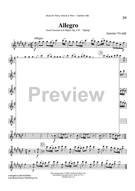 Allegro - from Concerto in E Major, Op. 8 #1 - "Spring" - Part 1 Clarinet in Bb