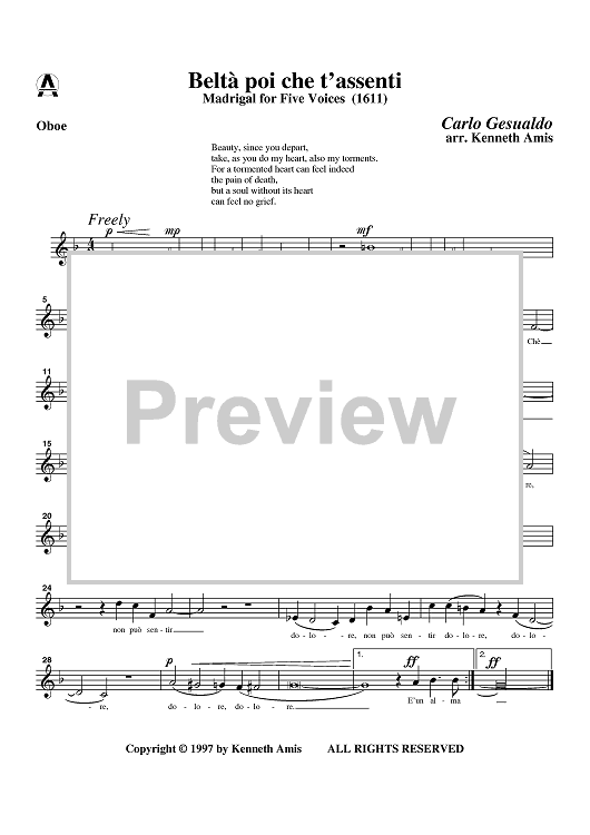 Belta poi che t'assenti - Oboe