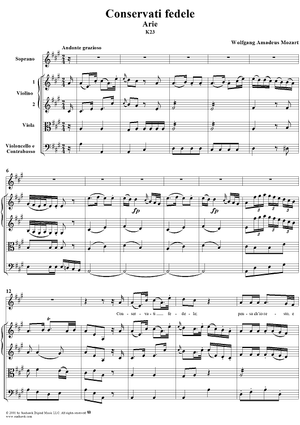 Aria for Soprano and Strings: "Conservati fedele", K23 - Full Score