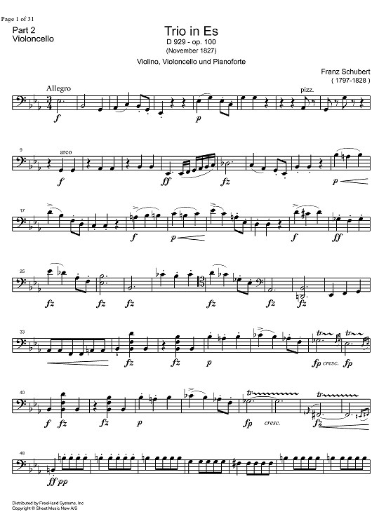 Piano Trio No. 2 Eb Major D929 - Cello