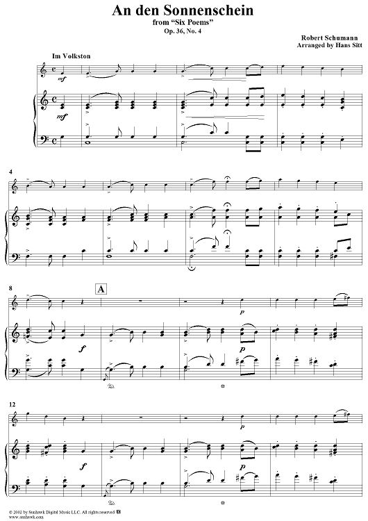 Six Poems, Op. 36, No. 4, "An den Sonnenschein" (to the sunshine), - Piano