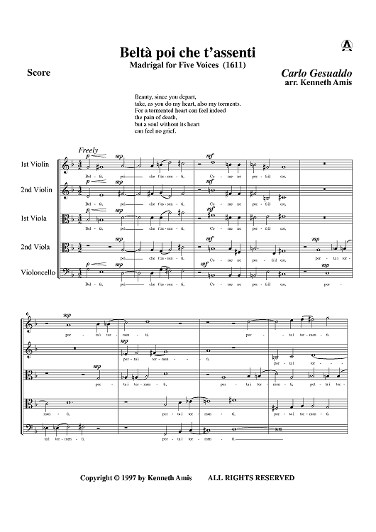 Belta poi che t'assenti - Score