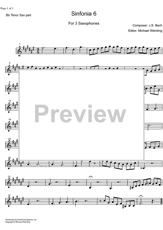 Three Part Sinfonia No. 6 BWV 792 E Major - B-flat Tenor Saxophone