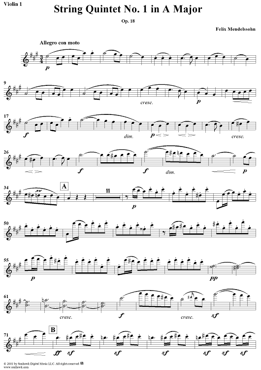 String Quintet No. 1 in A Major, Op. 18 - Violin 1
