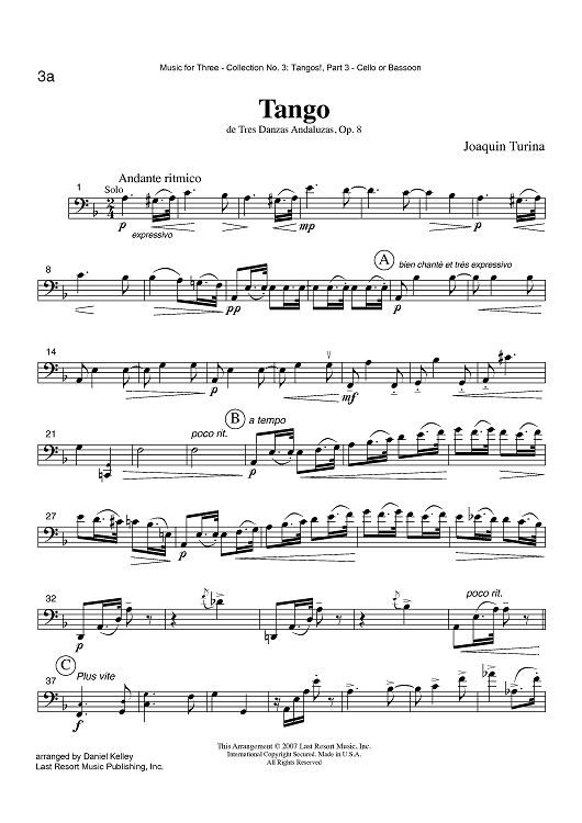 Tango - de Tres Danzas Andaluzas, Op. 8 - Part 3 Cello or Bassoon