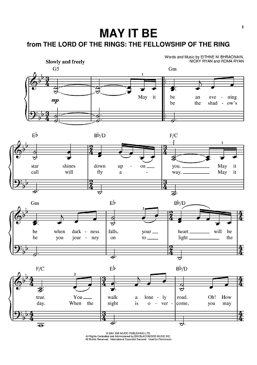 May It Be Sheet Music by Enya for Easy Piano Vocal Chords