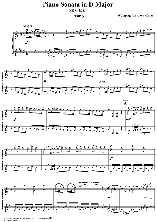 Piano Sonata in D Major, K123a (K381)