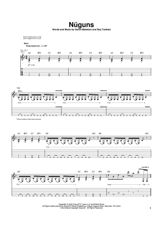 Nuguns" Sheet Music by System Of A Down for Guitar Tab Sheet Music Now