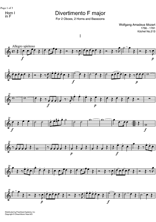 Divertimento No. 8 F Major KV213 - Horn in F 1