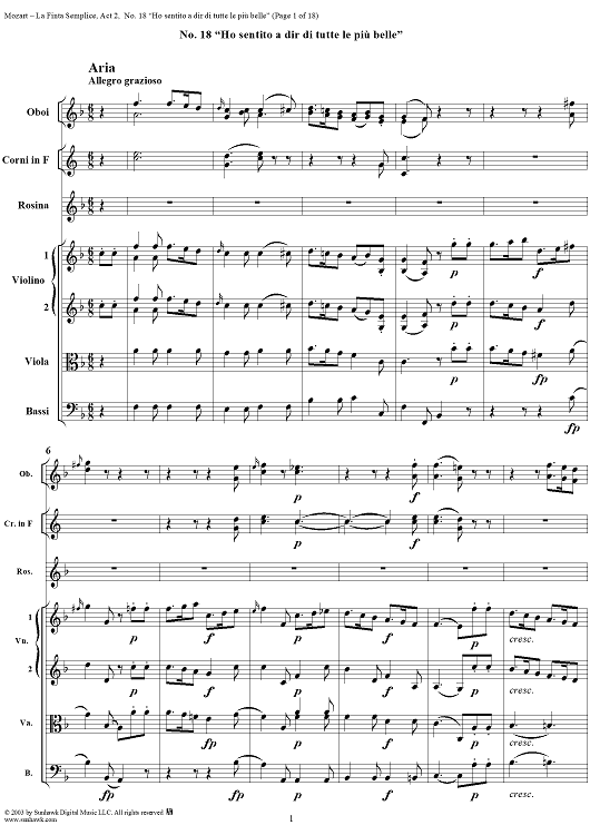"Ho sentito a dir di tutte le più belle", No. 18 from "La Finta Semplice", Act 2, K46a (K51) - Full Score