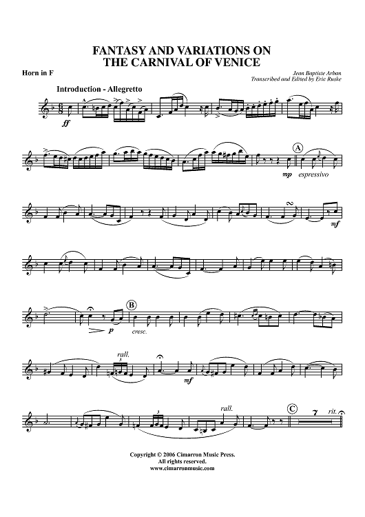 Fantasy and Variations on The Carnival of Venice - Horn in F
