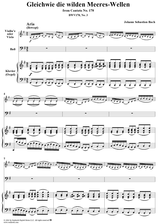 "Gleichwie die wilden Meeres-Wellen", Aria, No. 3 from Cantata No. 178: "Wo Gott der Herr nicht bei uns hält" - Piano Score