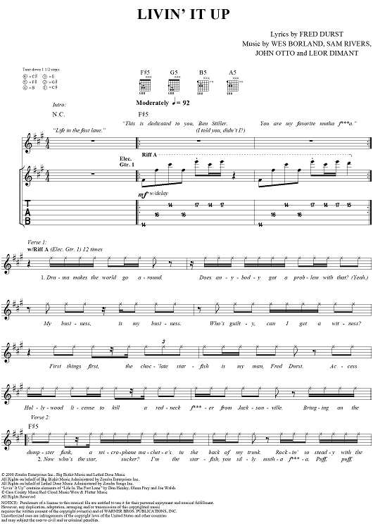 Livin' It Up&Quot; Sheet Music By Limp Bizkit For Guitar Tab.