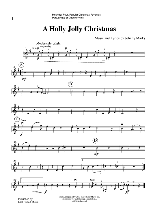 Music for Four, Collection No. 1 - Popular Christmas Favorites - Part 2 Flute, Oboe or Violin