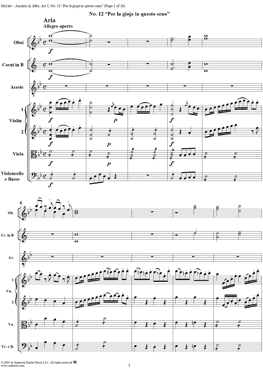 "Per la gioia in questo seno", No. 12 from "Ascanio in Alba", Act 1, K111 - Full Score