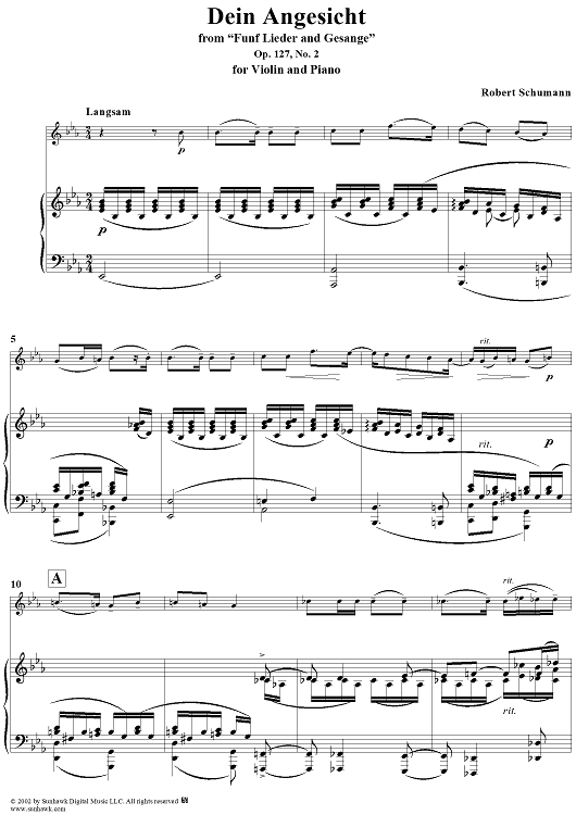 Dein Angesicht - No. 2 from "Five Lieder and Songs" Op. 127 - Piano