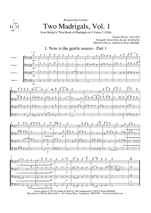 Two Madrigals, Vol. 1 - from Morley's "First Book of Madrigals to 4 Voices" (1594) - Score