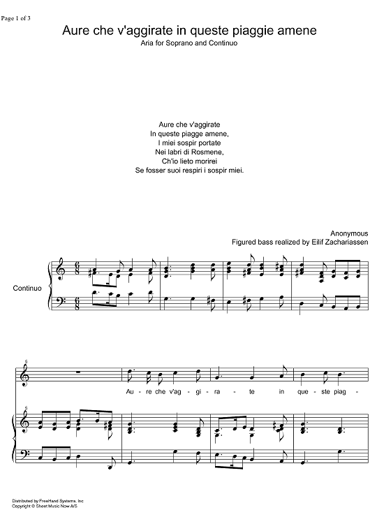 Aure che v'aggirate - Score