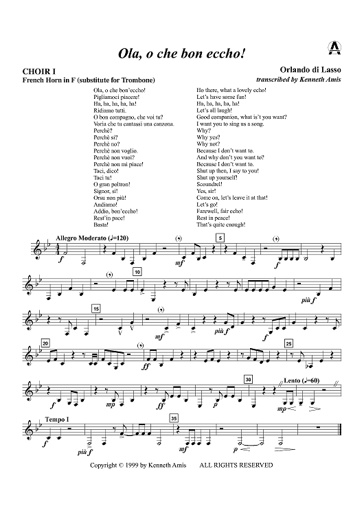 Ola, o che bon eccho! - Choir 1, Horn in F