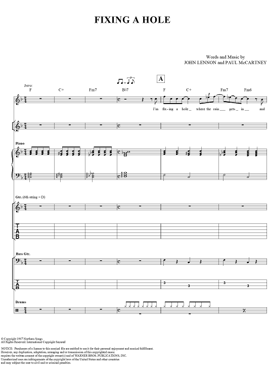 Fixing a Hole" Sheet Music by The Beatles for Guitar Tab/Vocal/Chords