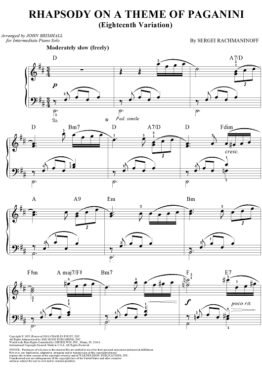 Rhapsody on a Theme of Paganini's (Eighteenth Variation)