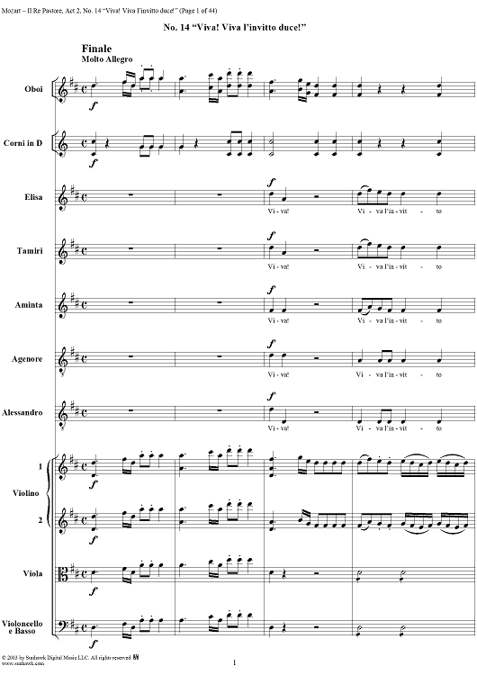 Viva! Viva l'invitto duce!, No. 14 from "Il Re Pastore", Act 2 (K208) - Full Score