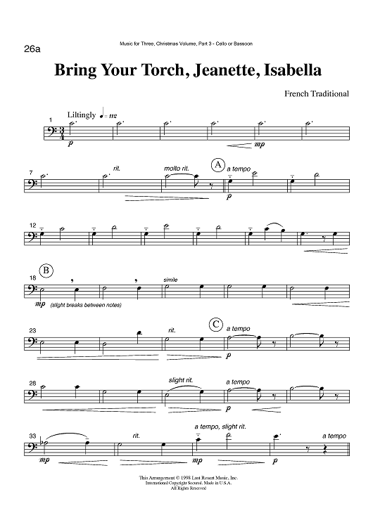 Bring Your Torch, Jeanette, Isabella - Part 3 Cello or Bassoon