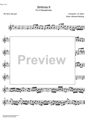 Three Part Sinfonia No. 8 BWV 794 F Major - B-flat Tenor Saxophone