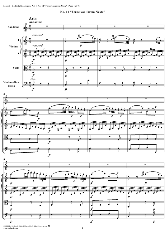 La Finta Giardiniera, Act 1, No. 11 "Ferne von ihrem Neste" (Aria) - Full Score