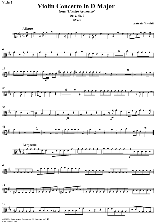 Violin Concerto in D Major    - from "L'Estro Armonico" - Op. 3/9  (RV230) - Viola 2