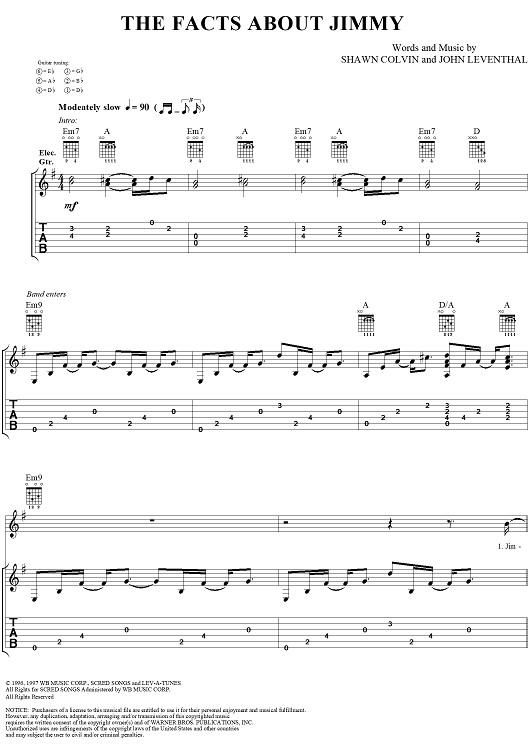 The Facts About Jimmy" Sheet Music by Shawn Colvin for Easy Guitar Tab