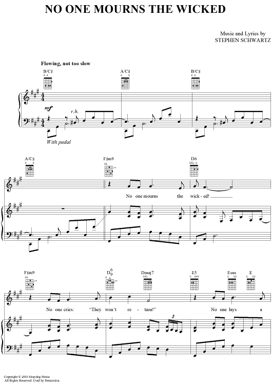 Sheet music cover for “No One Mourns The Wicked” from Wicked arranged for piano, vocal, and chords, highlighting performance-ready notation and cover art