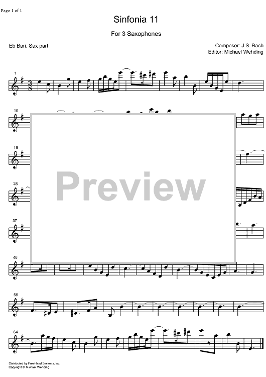 Three Part Sinfonia No.11 BWV 797 g minor - E-flat Baritone Saxophone