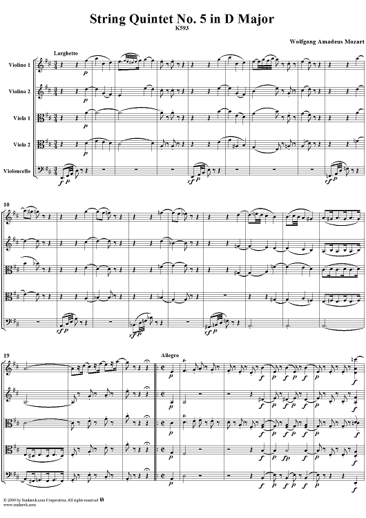 String Quintet No. 5 in D Major, K593 - Score
