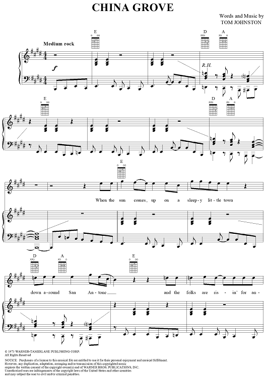 China Grove" Sheet Music by The Doobie Brothers for Piano/Vocal/Chords