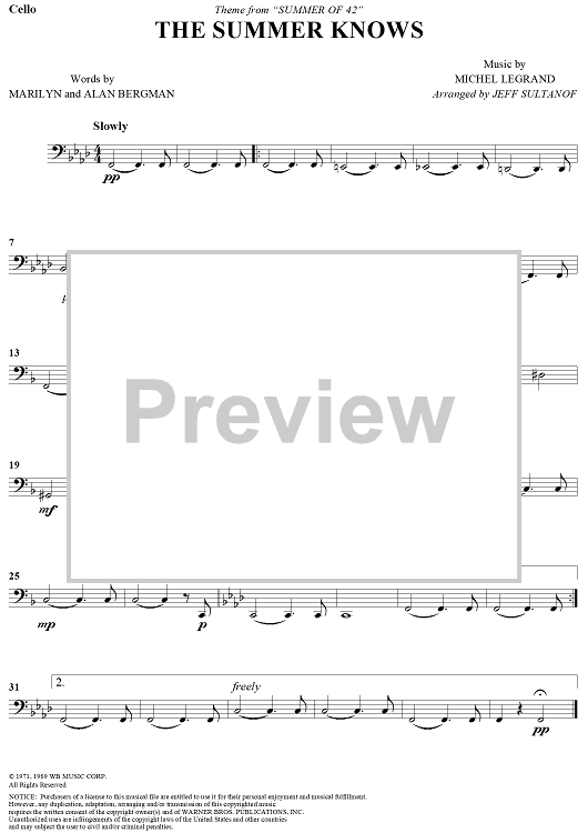 The Summer Knows (Theme from Summer of '42) - Cello