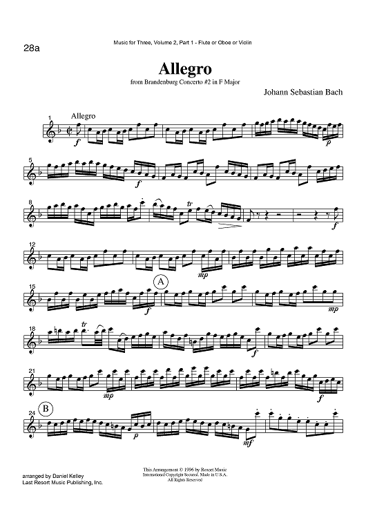 Allegro - from Brandenburg Concerto #2 in F Major - Part 1 Flute, Oboe or Violin