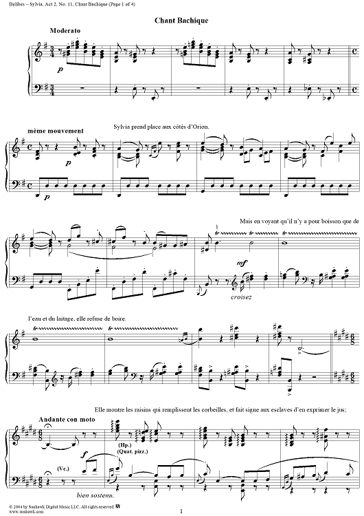 Sylvia, Act 2, No. 11: Chant Bachique - Piano Score