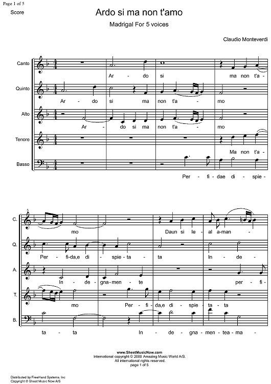 Ardo si ma non t'amo - Score