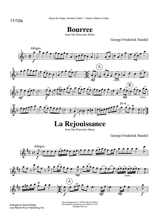 Bourree, La Rejouissance & Menuet from The Fireworks Music - Part 1 Flute, Oboe or Violin