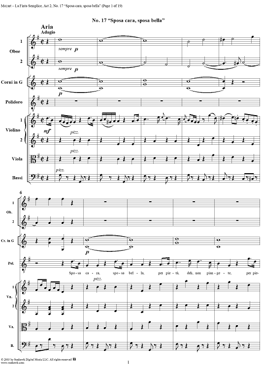 "Sposa cara, sposa bella", No. 17 from "La Finta Semplice", Act 2, K46a (K51) - Full Score