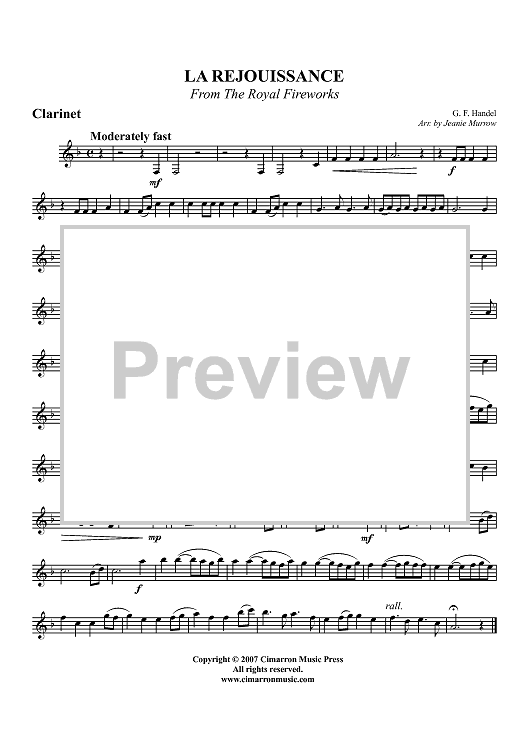 La Rejouissance - from The Royal Fireworks - Clarinet in Bb