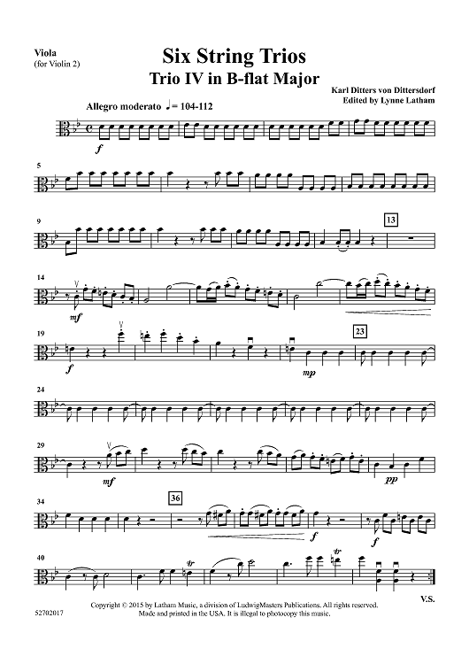 Six String Trios: Trio IV in Bb Major - Viola (for Violin 2)