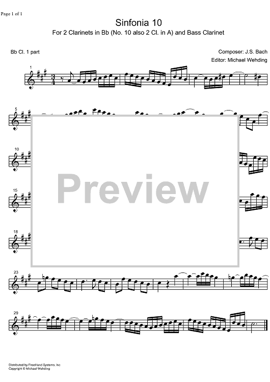 Three Part Sinfonia No.10 BWV 796 G Major - B-flat Clarinet 1