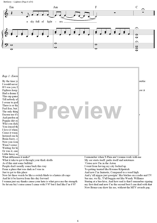 Lighters" Sheet Music by Bruno Mars; Bad Meets Evil for Piano/Vocal