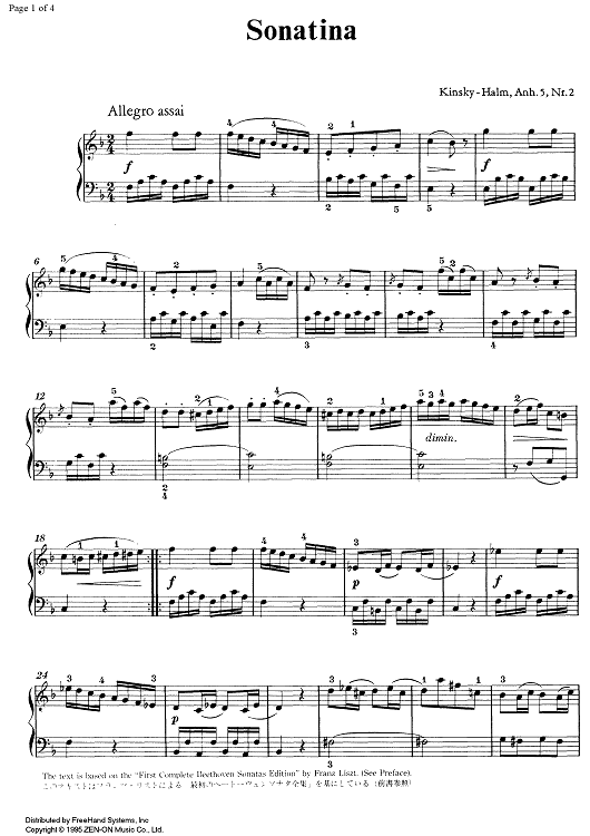 Sonatina No. 2 F Major Anh. 5 - Piano