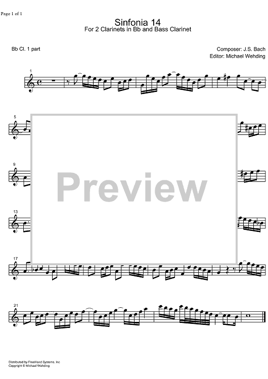 Three Part Sinfonia No.14 BWV 800 Bb Major - B-flat Clarinet 1